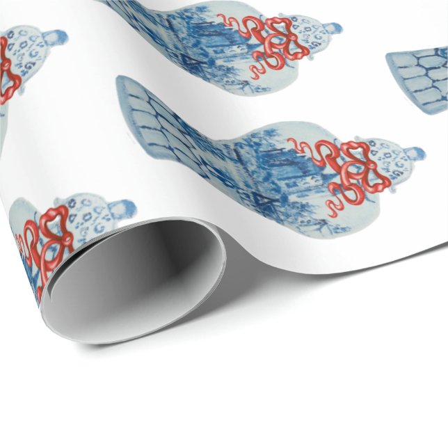 Papier Cadeau Jar de gingembre bleu et blanc peint à la main (Coin rond)