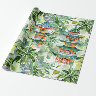 Papier Cadeau Jardin de cottage à pagode corail aquarelle