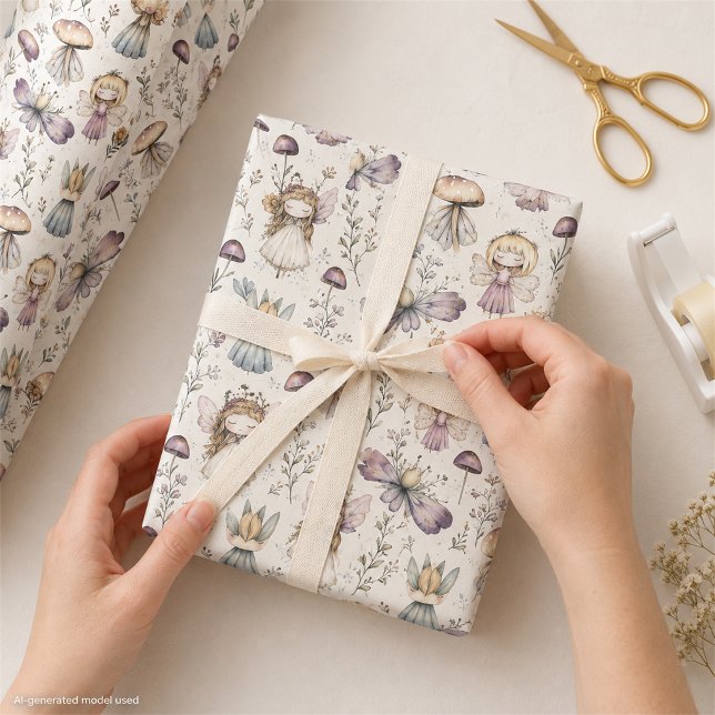 Papier Cadeau Jardin de fleurs pastel de fée et de champignon fa (Créateur téléchargé)