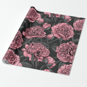 Papier Cadeau Jardin de pivoine nocturne rose et gris