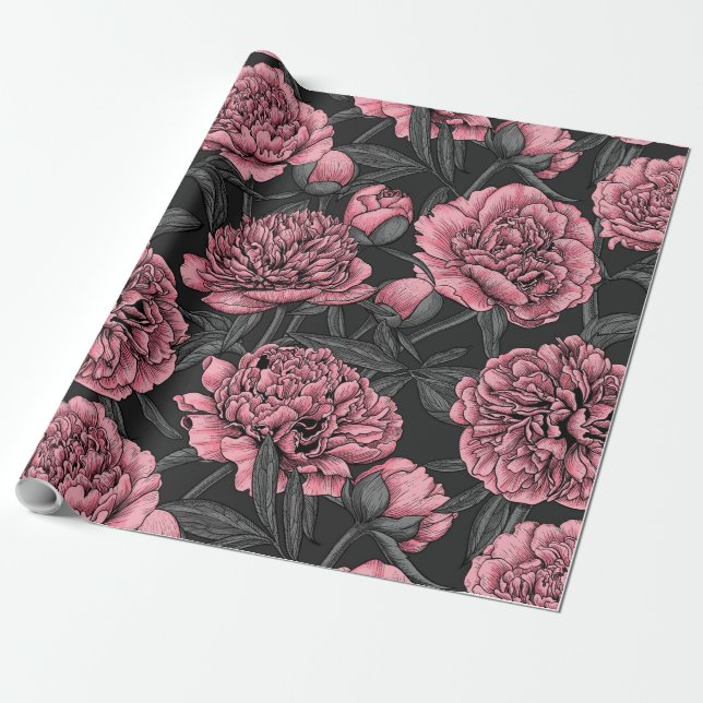 Papier Cadeau Jardin de pivoine nocturne rose et gris (Déroulé)