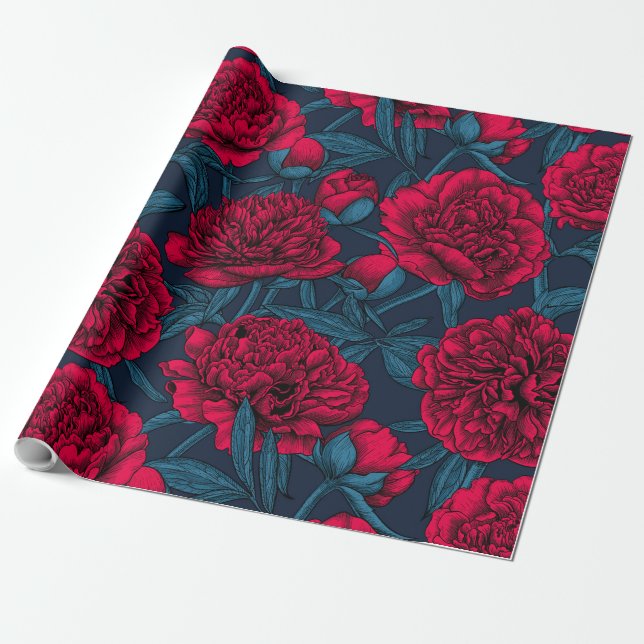 Papier Cadeau Jardin de pivoine rouge sur bleu foncé (Déroulé)