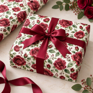 Papier Cadeau Jardin de roses aquarelle élégant en bordeaux