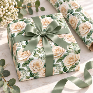 Papier Cadeau Jardin de roses élégant à l'aquarelle Champagne et
