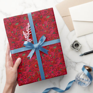 Papier Cadeau Jardin de roses rouges motif floral romantique san