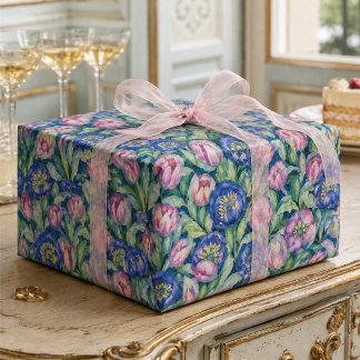 Papier Cadeau Jardin de tulipes de minuit Floral rose et bleu