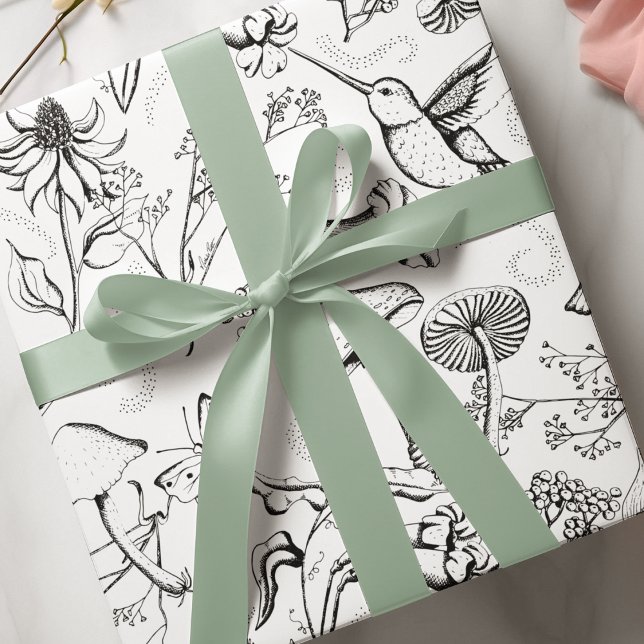 Papier Cadeau Jardin enchanté noir et blanc Colibri floral (Black & White enchanted garden: cute hummingbird, mushrooms, wildflowers and fairy vibe swirls. )