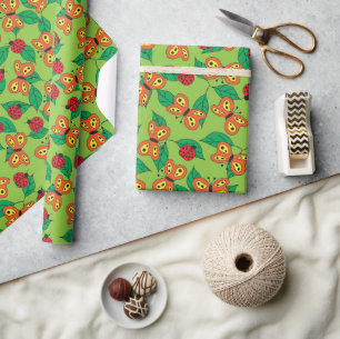 Papier Cadeau Jardin fantaisiste de papillons et coccinelles