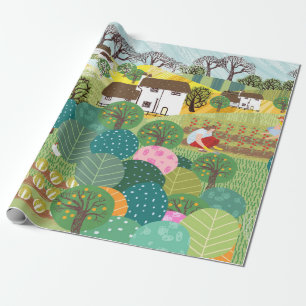 Papier Cadeau Jardin, ferme, nature et campagne. illu vintage