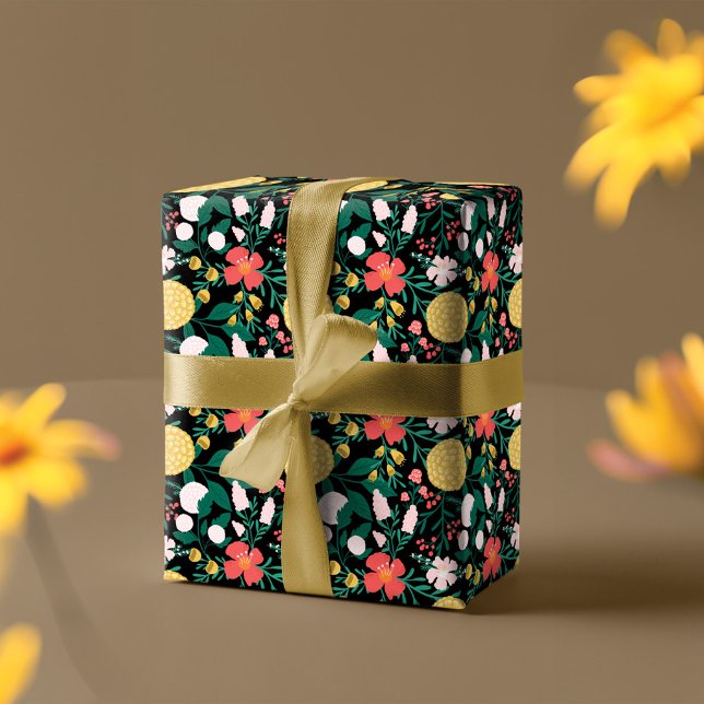Papier Cadeau Jardin Festif Botanique Floral Motif Noir (Botanical Floral Festive Garden Pattern Black Wrapping Paper)