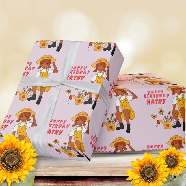 Papier Cadeau Jardin fille avec tournesol Joyeux anniversaire (Créateur téléchargé)