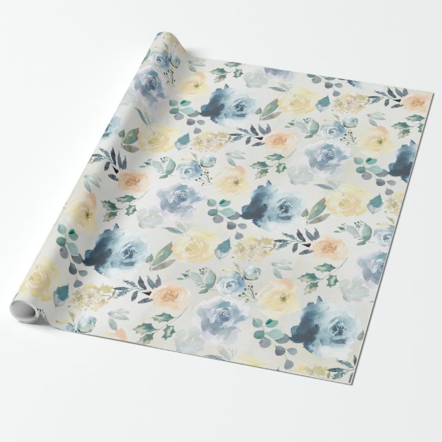 Papier Cadeau Jardin floral Dusty Blue & Yellow Peony Eucalyptus (Déroulé)