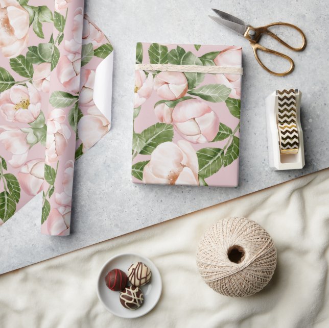 PAPIER CADEAU JARDIN FLORAL ROSE ET VERT (Artisanat)
