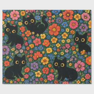 Papier Cadeau Jardin mignon art – Motif floral de chat noir mign