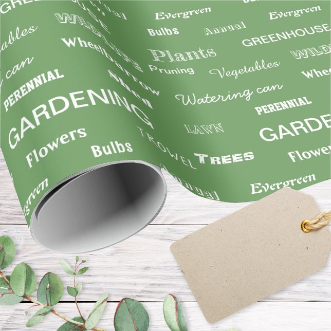Papier Cadeau Jardin Mots Amoureux de les jardins Vert moderne c (Gardener's gift wrap with pattern of gardening themed words, in various fonts, in white on green)
