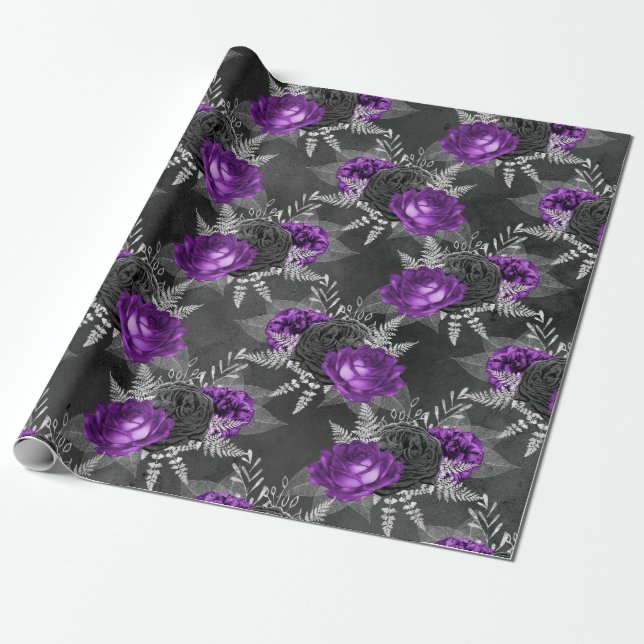 Papier Cadeau Jardin noir des Feuilles d'argent des Roses violet (Déroulé)