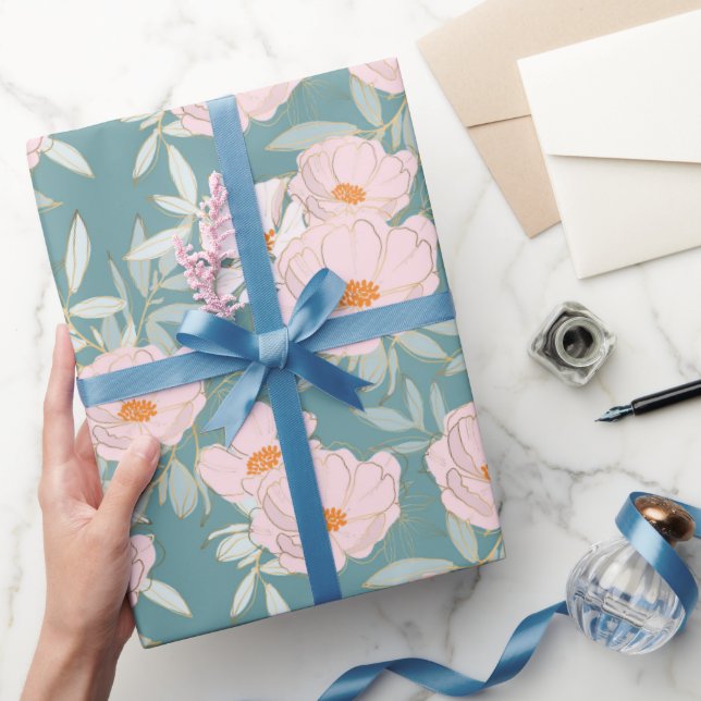 Papier Cadeau Jardin sarcelle rose (Cadeaux)