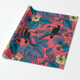 Papier Cadeau Jardin toucan en rouge et bleu