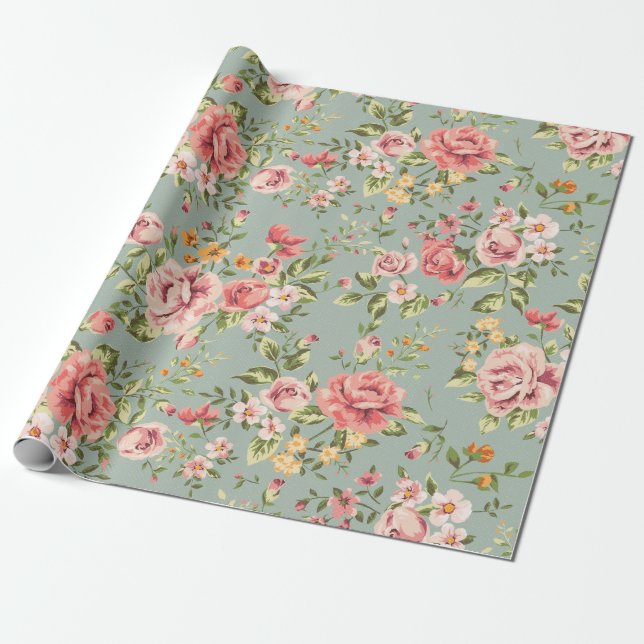 Papier Cadeau Jardin Vintage victorien motif floral (Déroulé)