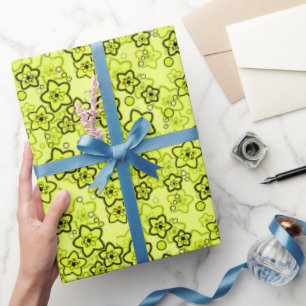 Papier Cadeau Jaune avec motif floral néon brillant noir