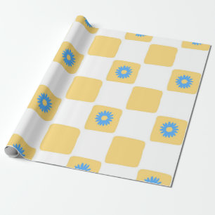 Papier Cadeau Jaune Blanc À Carreaux Avec Motif De Fleur Bleue