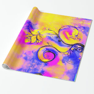 Papier Cadeau JAUNE BLEU ROSE FLEURS BLANCHES Imaginaire Floral