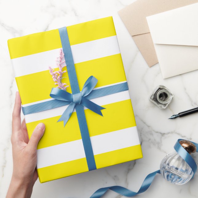 Papier Cadeau Jaune Canari Blanc Rayures Horizontales Classiques (Cadeaux)