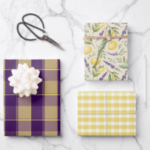 Papier cadeau jaune citron violet à motif tartan