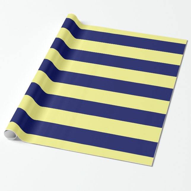 Papier Cadeau Jaune clair, motif à rayures bleu marine XL (Déroulé)