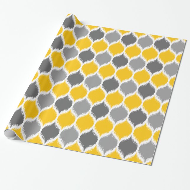 Papier Cadeau Jaune et gris de motif d'armure d'Ikat (Déroulé)