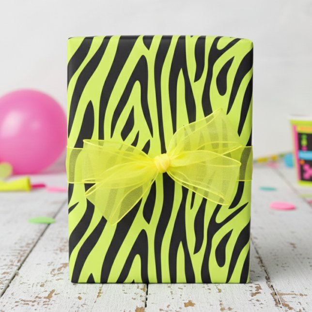 Papier Cadeau Jaune Fluorescent Petit Imprimé Zèbre (Fun Fluorescent Yellow Wrapping Paper for Cool 80's Kids Party. Modern Zebra Animal Print Gift Wrap)