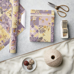 Papier Cadeau Jaune lilas pastel patchwork gingham Cottagecore 