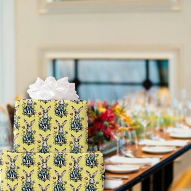 Papier Cadeau Jaune mignonne Aquarelle Bunny Floral Pâques (Créateur téléchargé)