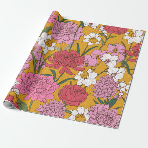 Papier Cadeau Jaune Moutarde Rose Vibrant Jardin Floral