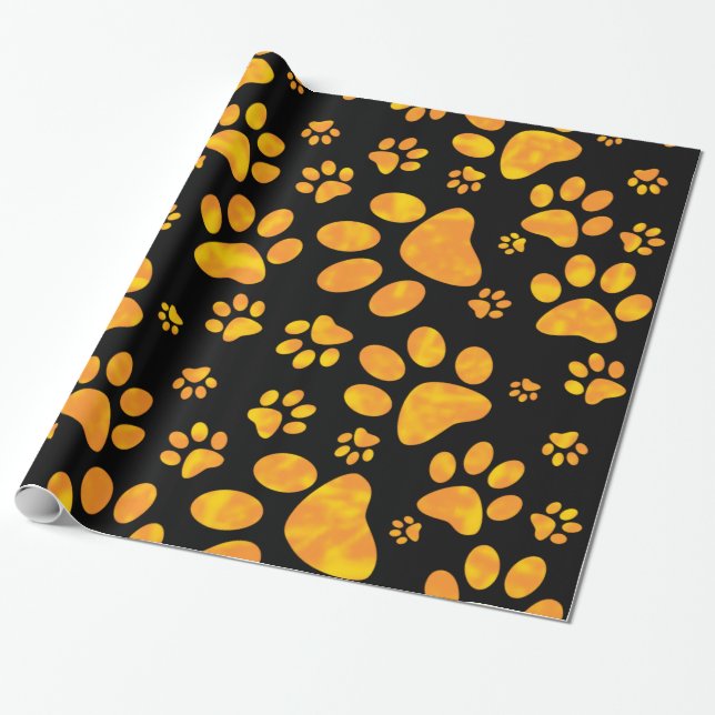 Papier Cadeau Jaune orange de motif d'empreinte de patte de (Déroulé)