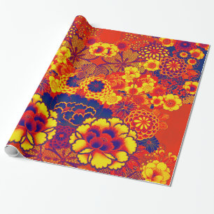 Papier Cadeau JAUNE ORANGE FLEURS Peony, Floral japonais Rose