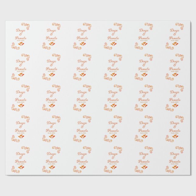 Papier Cadeau jaune orange rustique nom de couple de mariage esp (Plat)