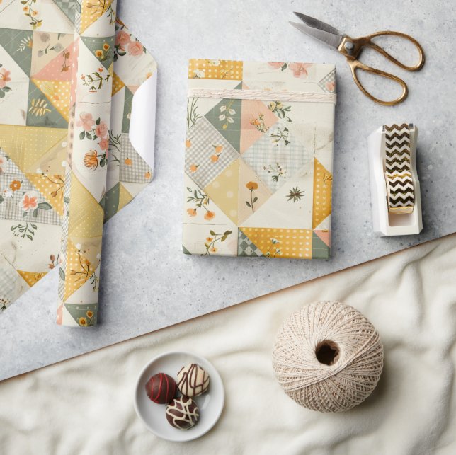 Papier Cadeau Jaune pastel pêche quilt Gingham pois  (Artisanat)