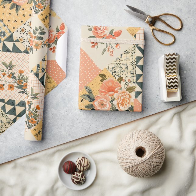 Papier Cadeau Jaune pastel pêche quilt Gingham pois  (Artisanat)