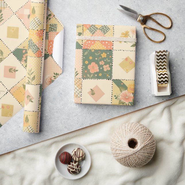 Papier Cadeau Jaune pastel pêche quilt Gingham pois  (Artisanat)