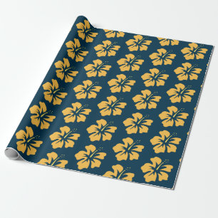 Papier Cadeau Jaune sur Hibiscus bleu prussien