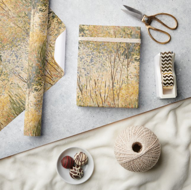 Papier Cadeau Jaune Vert Brun Arbres   (Artisanat)