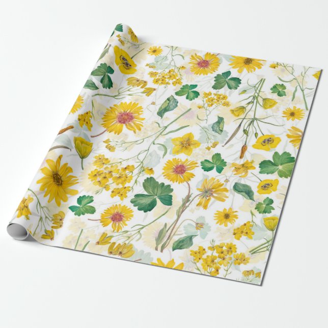 Papier Cadeau Jaune Vintage Fleur sauvage (Déroulé)