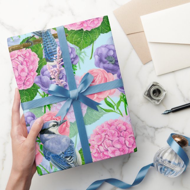 Papier Cadeau Jay bleu et fleurs aquarelle motif enveloppement p (Cadeaux)
