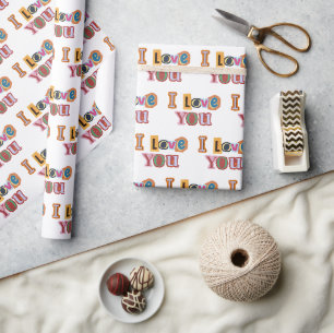 Papier Cadeau 'Je t'aime' lettrage scrapbooking mariage blanc
