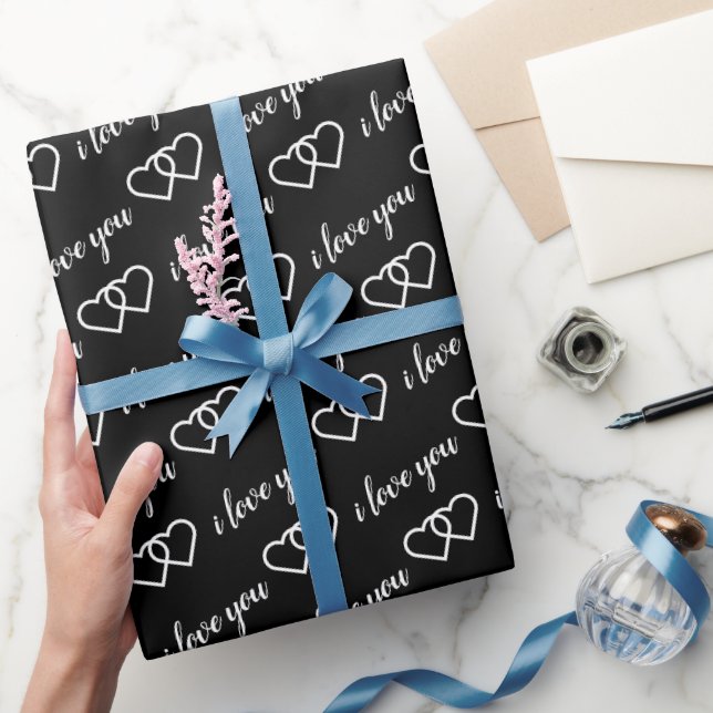 Papier Cadeau Je t'aime Typographie Motif Black White Heart (Cadeaux)