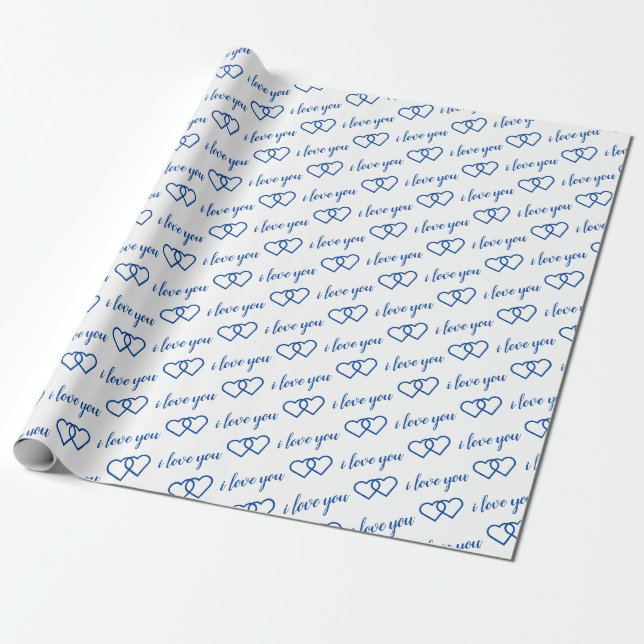 Papier Cadeau Je t'aime White Blue Heart Motif typographie (Déroulé)