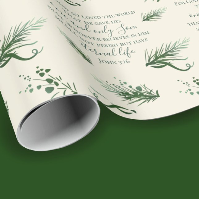 Papier Cadeau Jean 3:16 Bible Personnalisé Sage moderne Noël (John 3:16 custom inspirational Bible verse Christmas wrapping paper. Elegant hand drawn pine  & bows)