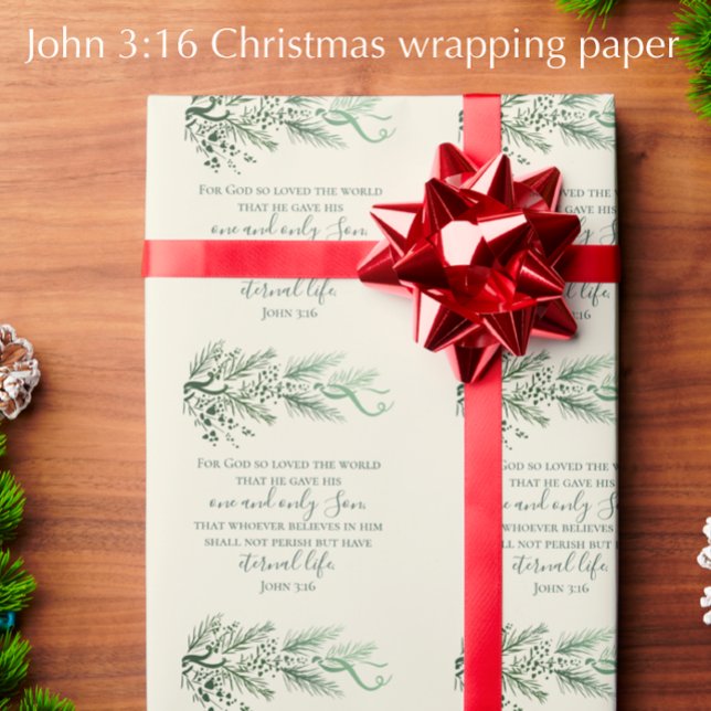 Papier Cadeau Jean 3:16 Verset biblique Personnalisé Noël modern (John 3:16 elegant pine art Christmas wrapping paper. Christian scripture Christmas gift wrap.)