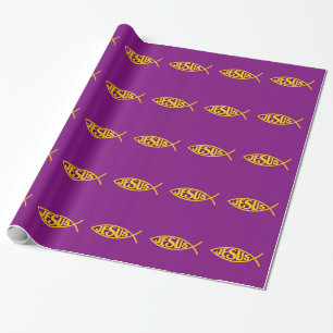 PAPIER CADEAU JÉSUS CHRIST ICHTHYS SALUT POISSON OR PURPLE
